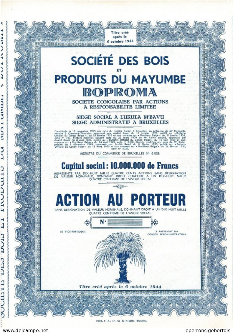 Titre De 1950 - Société Des Bois Et Produits Du Mayumbe - BOPROMA - Société Congolaise à Responsabilité Limitée - BLANCO - Africa