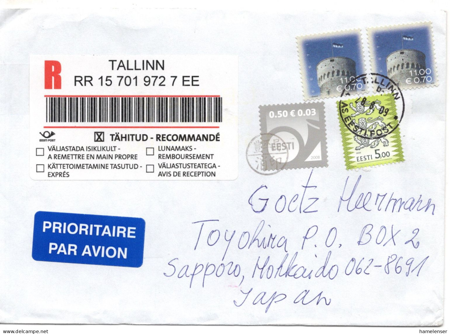 74990 - Estland - 2009 - 2@11Kr/€0,70 MiF A R-LpBf TALLINN -> TOYOHIRA (Japan), M "Nachtraeglich Entwertet"-Stpl - Estonie