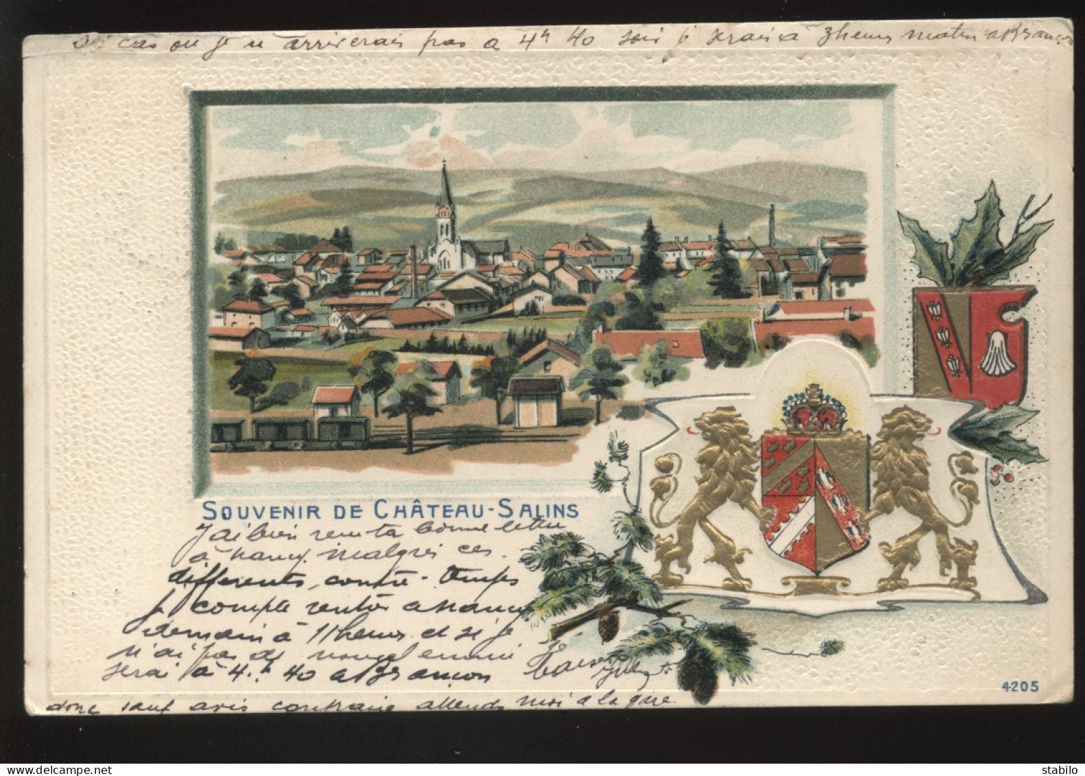 57 - CHATEAU-SALINS - SOUVENIR - VUE ET BLASON - AU VERSO : HOTEL-CAFE DE LA COURONNE  VOIZARD - CARTE GAUFFREE - Chateau Salins