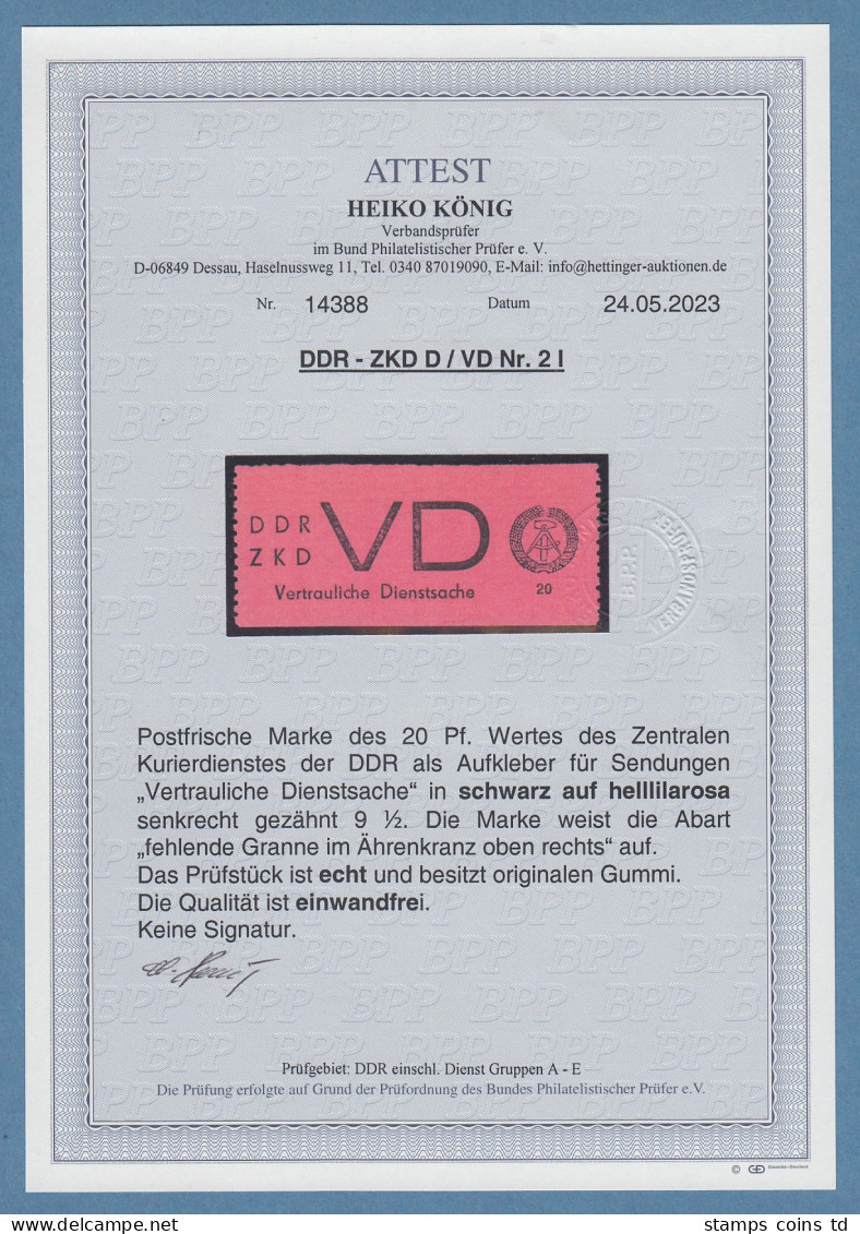 DDR Dienstmarken D Für Vertrauliche Dienstsachen Mi-Nr. 2 ** Mit Plattenfehler I - Mint