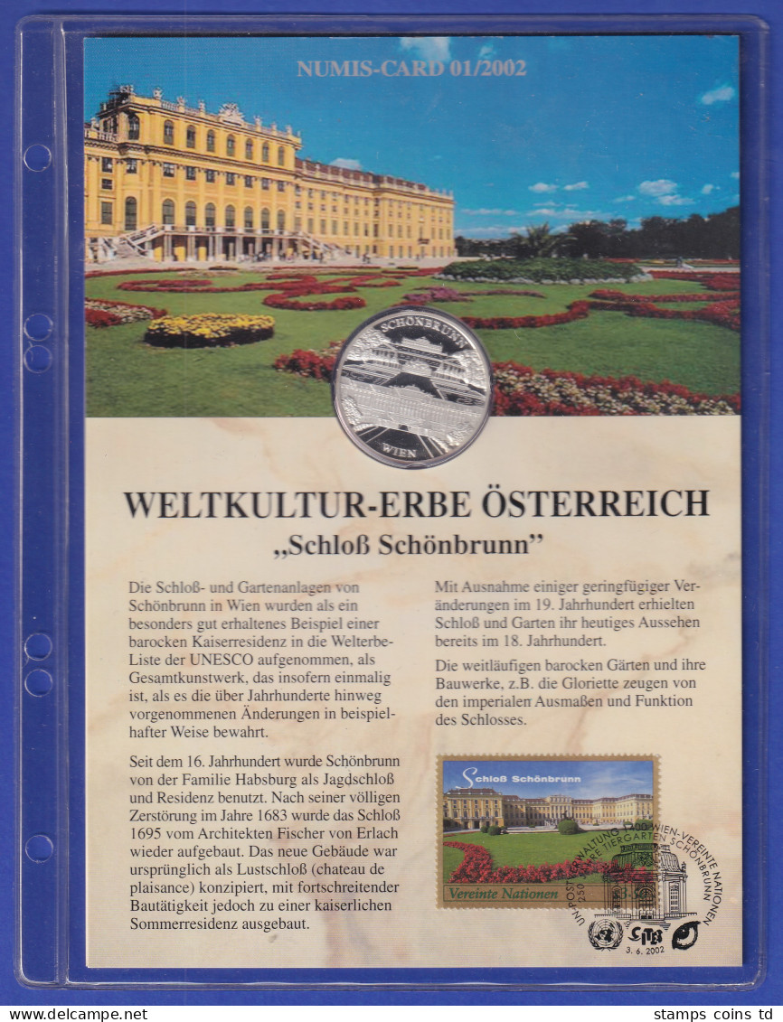 Österreich Silberne Medaille Weltkultur-Erbe Schloß Schönbrunn - Numis-Card 2002 - Autriche