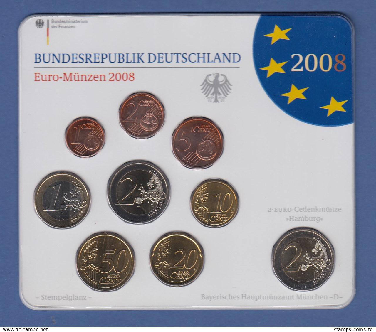 Bundesrepublik EURO-Kursmünzensatz 2008 D Normalausführung Stempelglanz - Mint Sets & Proof Sets