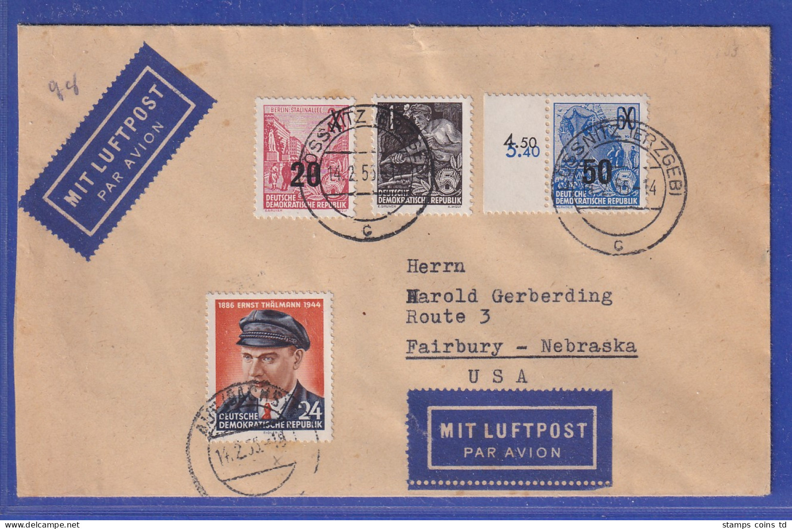 DDR 1955 Lp-Brief Von Loessnitz / Erzgebirge Gel. Nach Fairbury / Nebraska USA - Sonstige & Ohne Zuordnung