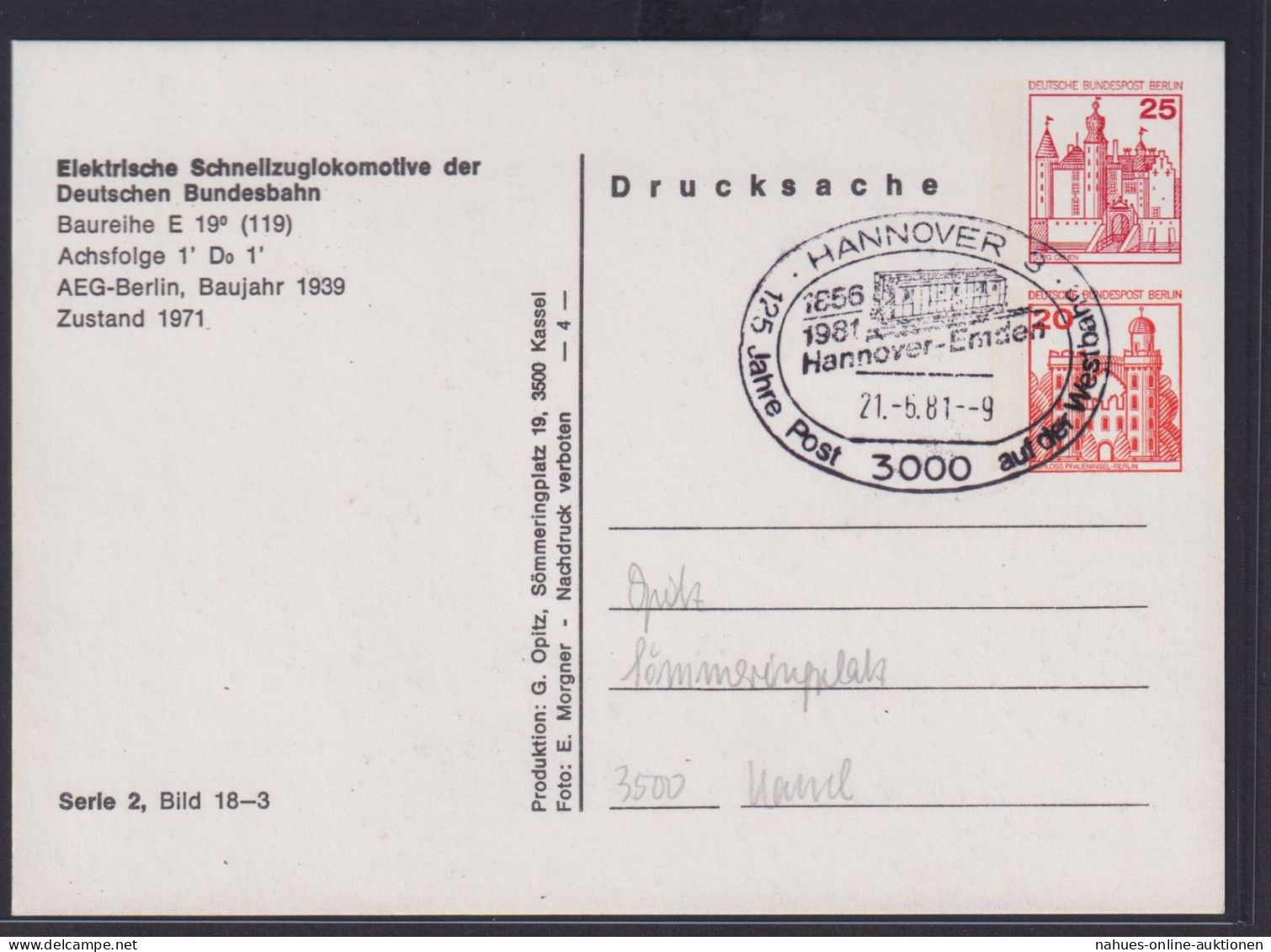 Berlin Privatganzsache Eisenbahn B&S Burgen & Schlösser Lokomotive Transport - Cartes Postales Privées - Oblitérées