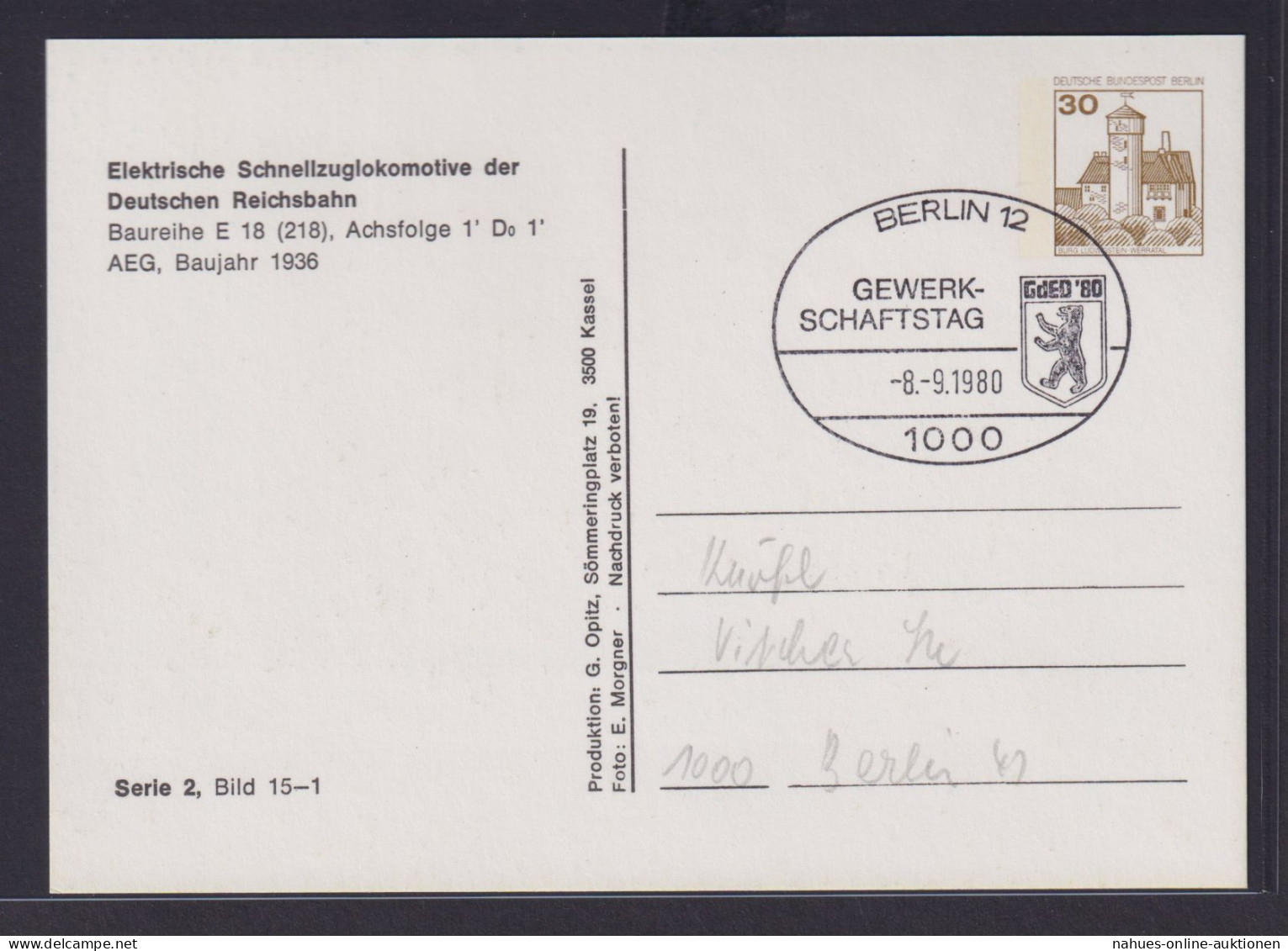 Berlin Privatganzsache Eisenbahn WST Burgen & Schlösser Lokomotive - Private Postcards - Used