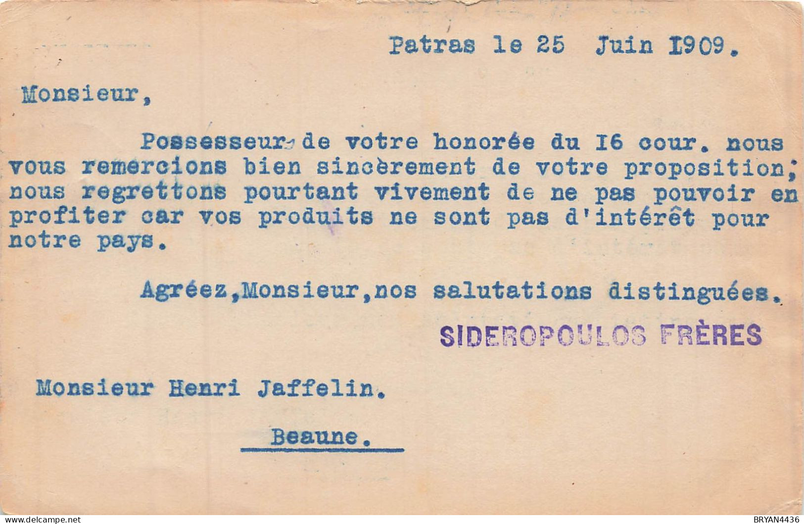 GRECE - PATRAS - ENTIER POSTAL - 1909 - Expédition Vers BEAUNE - FRANCE. - BEAUX CACHETS - Postwaardestukken