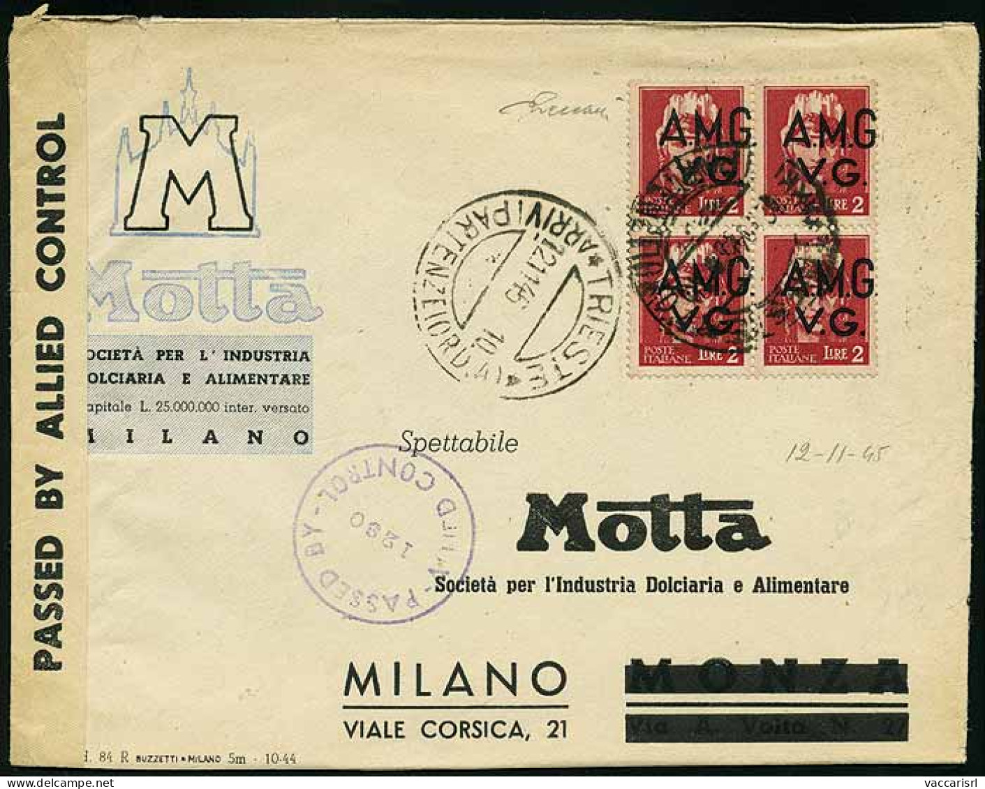 TRIESTE AMG-VG/FTT - Tipologia: B - Trieste AMG-VG - Da Trieste A Milano Del 12.11.1945 Affr. Per L.8 Con Imperiale Sopr - Marcophilie