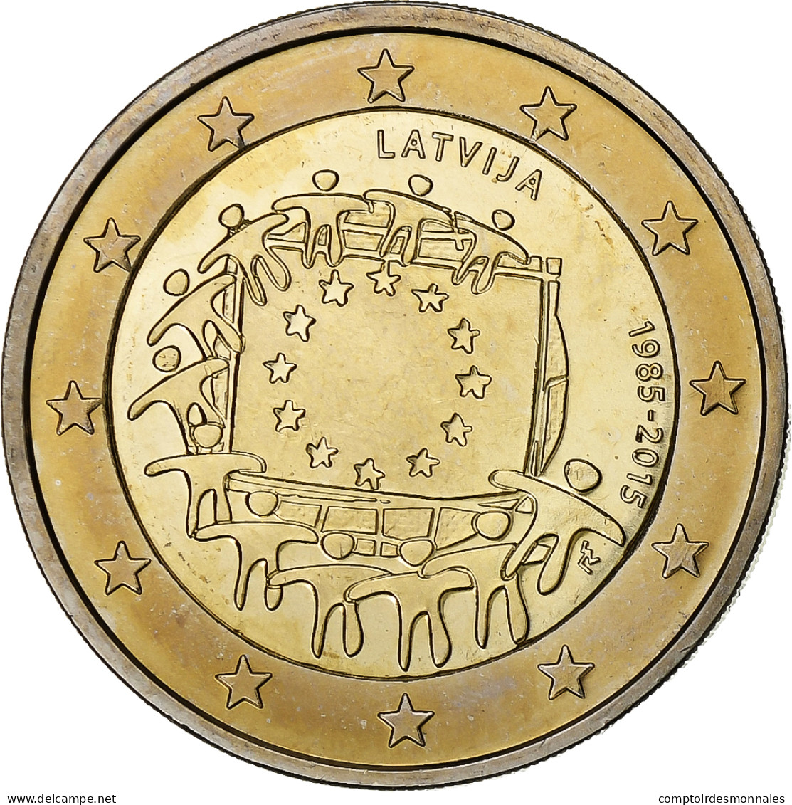 Lettonie, 2 Euro, 30 Ans   Drapeau Européen, 2015, Bimétallique, SPL+, KM:New - Letonia