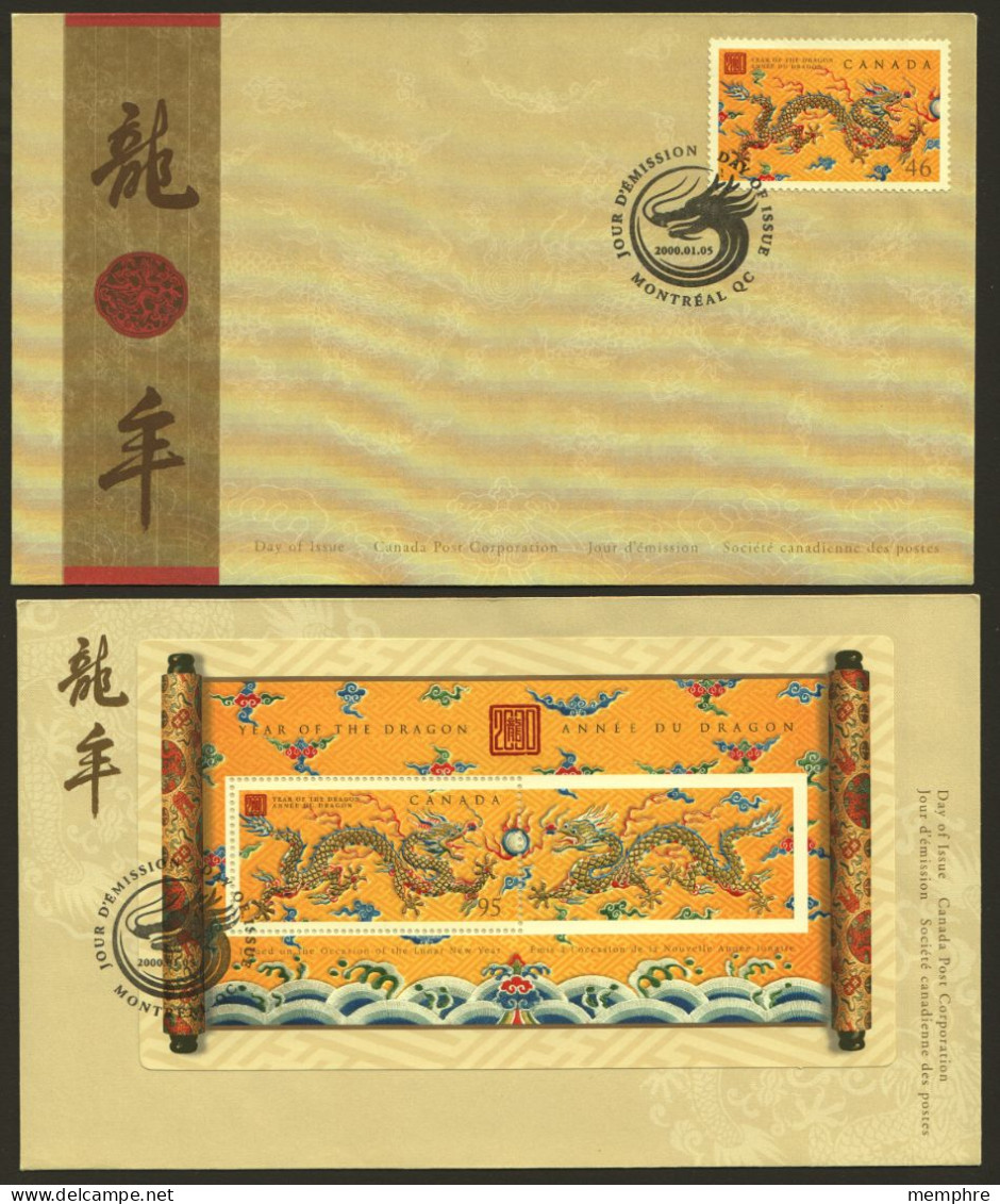 2000  Chinese New Year  Dragon  Stamp Single And Souvenir Sheet On 2 FDCs Sc 1836-7 - 1991-2000