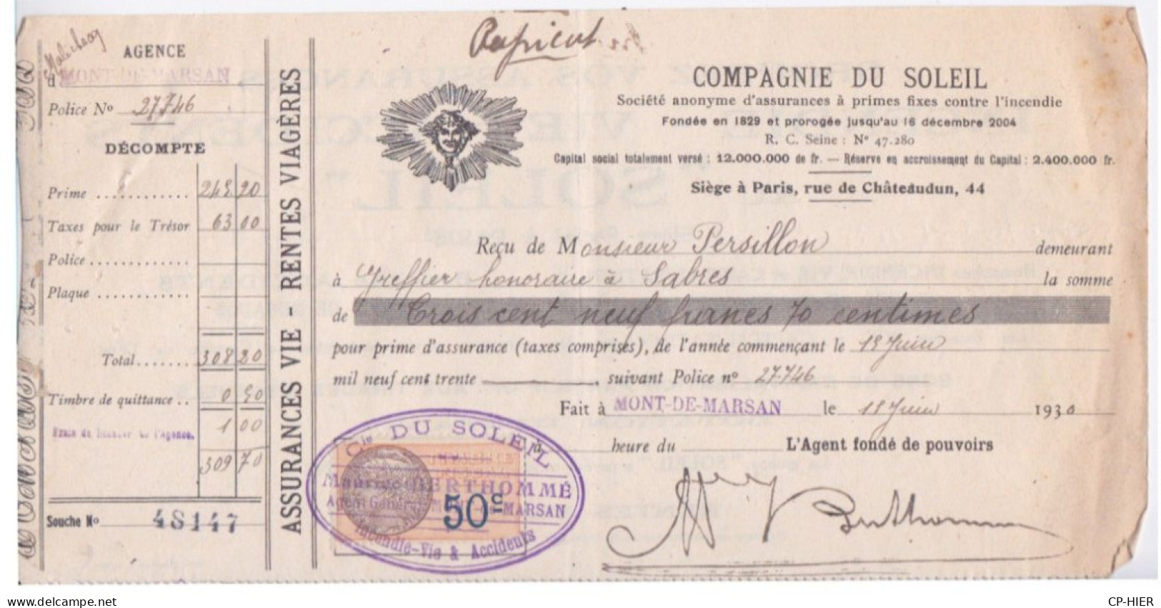 AGENCE MONT DE MARSAN - ASSURANCE COMPAGNIE DU SOLEIL - 1930 - TIMBRE FISCAL 50 C BISTRE CLAIR - PUB AU DOS - Banque & Assurance