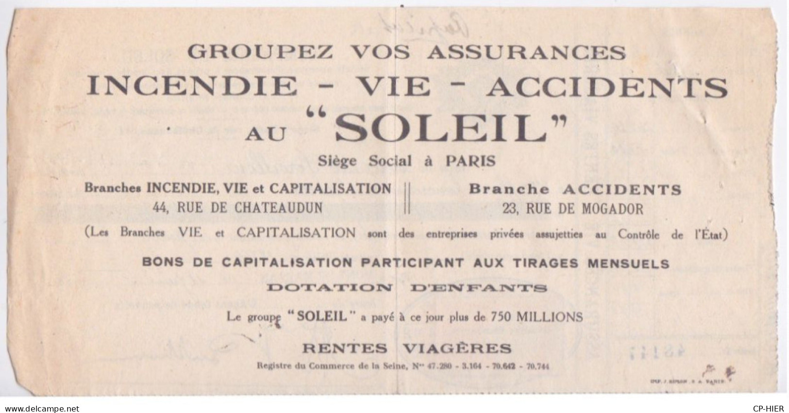 AGENCE MONT DE MARSAN - ASSURANCE COMPAGNIE DU SOLEIL - 1930 - TIMBRE FISCAL 50 C BISTRE CLAIR - PUB AU DOS - Banque & Assurance