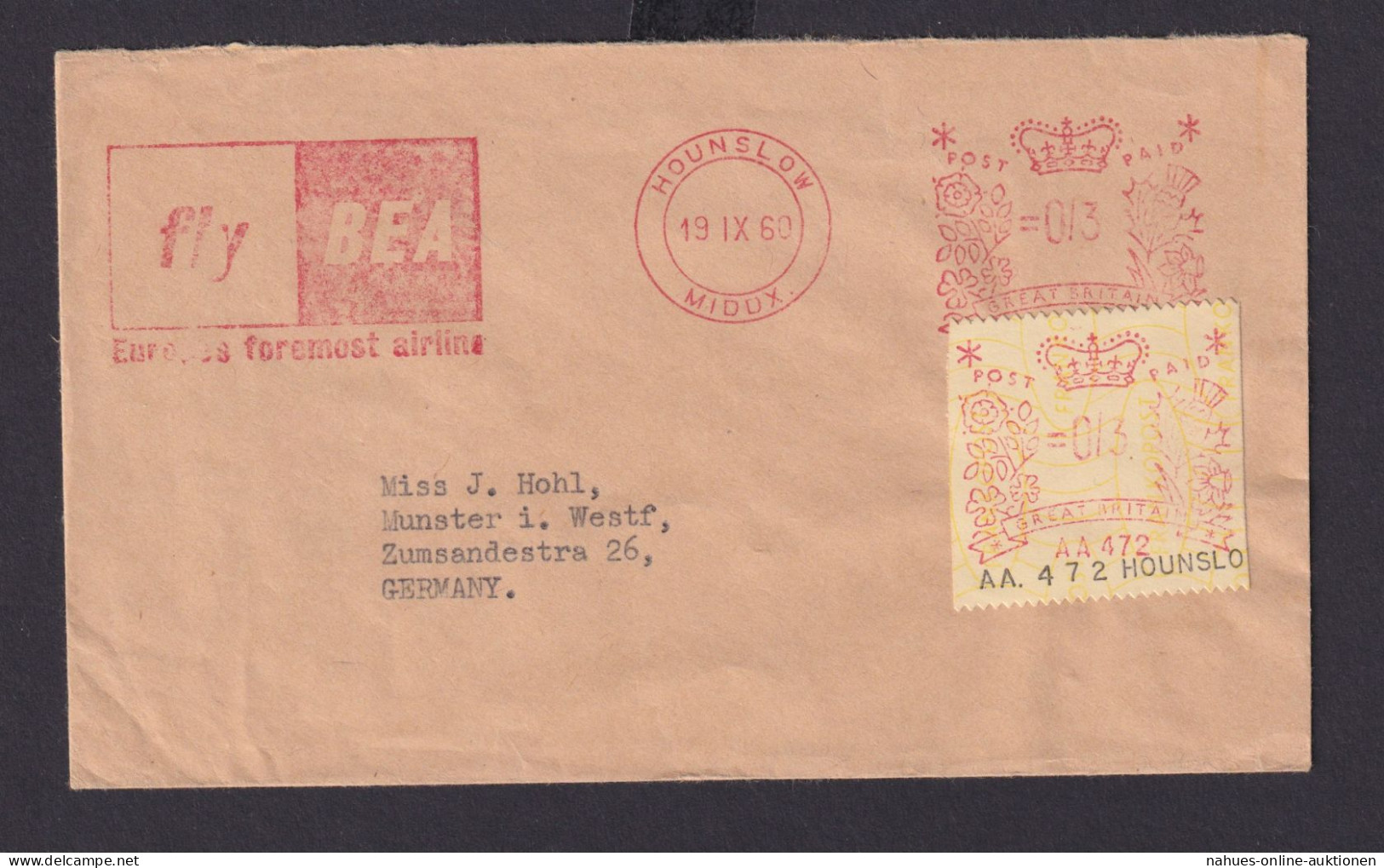 Flugpost Großbritannien Brief Hounslow AFS Absenderfreistempel Postpaid Plus - Storia Postale