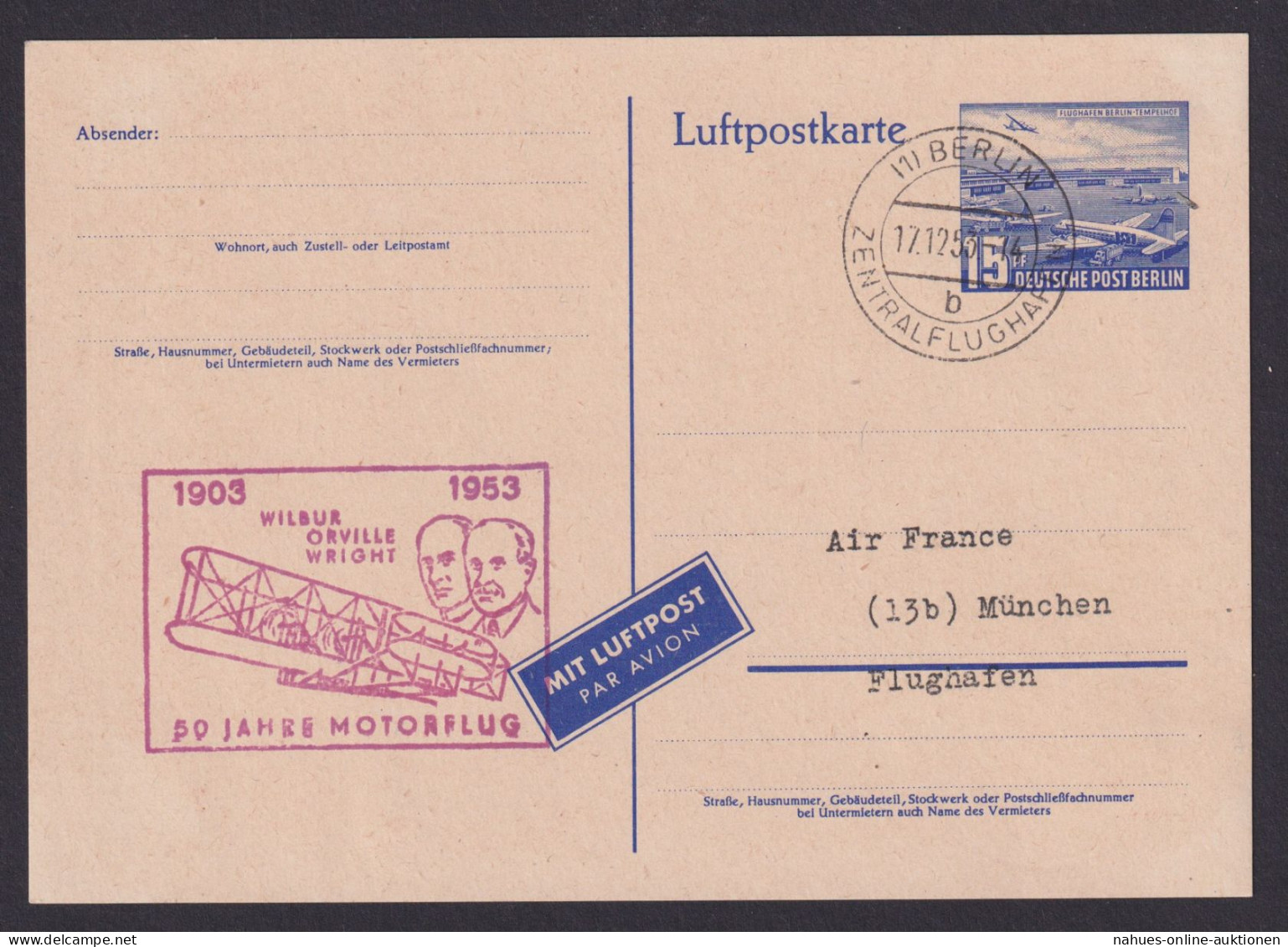 Flugpost Brief Air Mail Berlin Ganzsache Mit SST 50 Jahre Motorflug Gebr. Wrigh - Postcards - Used