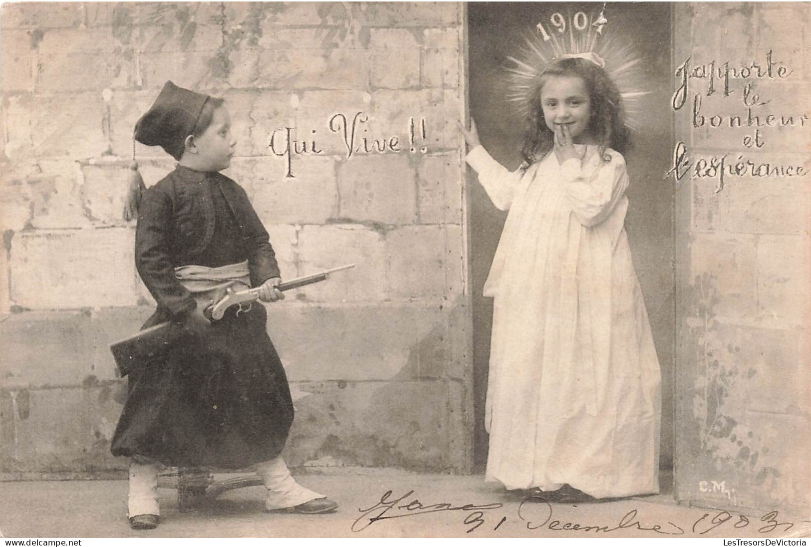 FANTAISIES - Deux Enfants - Qui Vive - J'apporte Le Bonheur Et L'espérance - Carte Postale Ancienne - Sonstige & Ohne Zuordnung