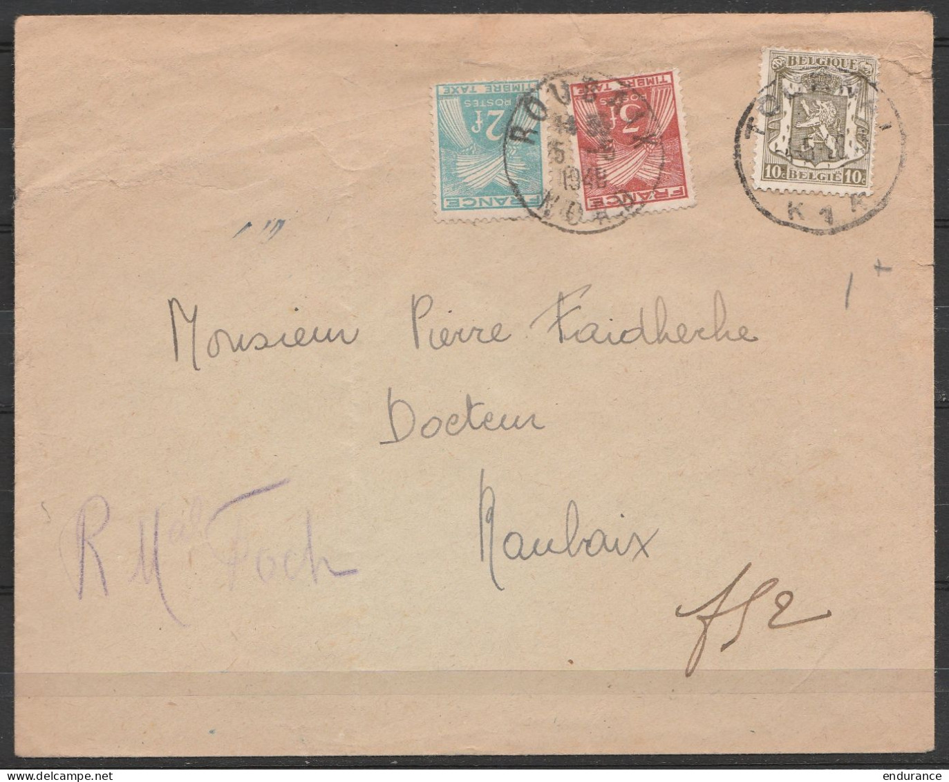 L. Affr. N°420 (exépdiée Comme Imprimé) Càd TOURNAI /4-5-1948 Pour Et Taxée 5f à ROUBAIX - 1935-1949 Kleines Staatssiegel