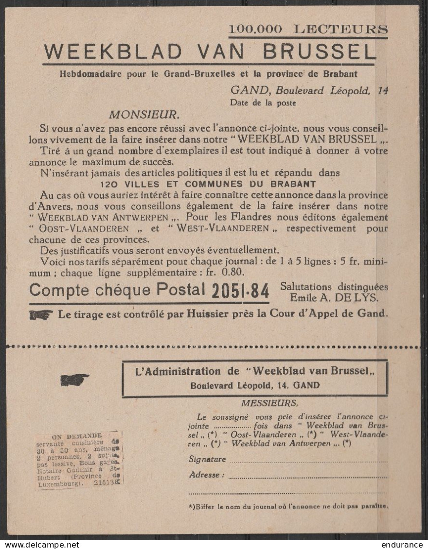 CP Pub Annonce Journal "Weekblad Van Brussel" Affr. PREO 5c (N°279) [GENT / 1929 / GAND] Pour Notaire Godenir à ST-HUBER - Typos 1929-37 (Lion Héraldique)