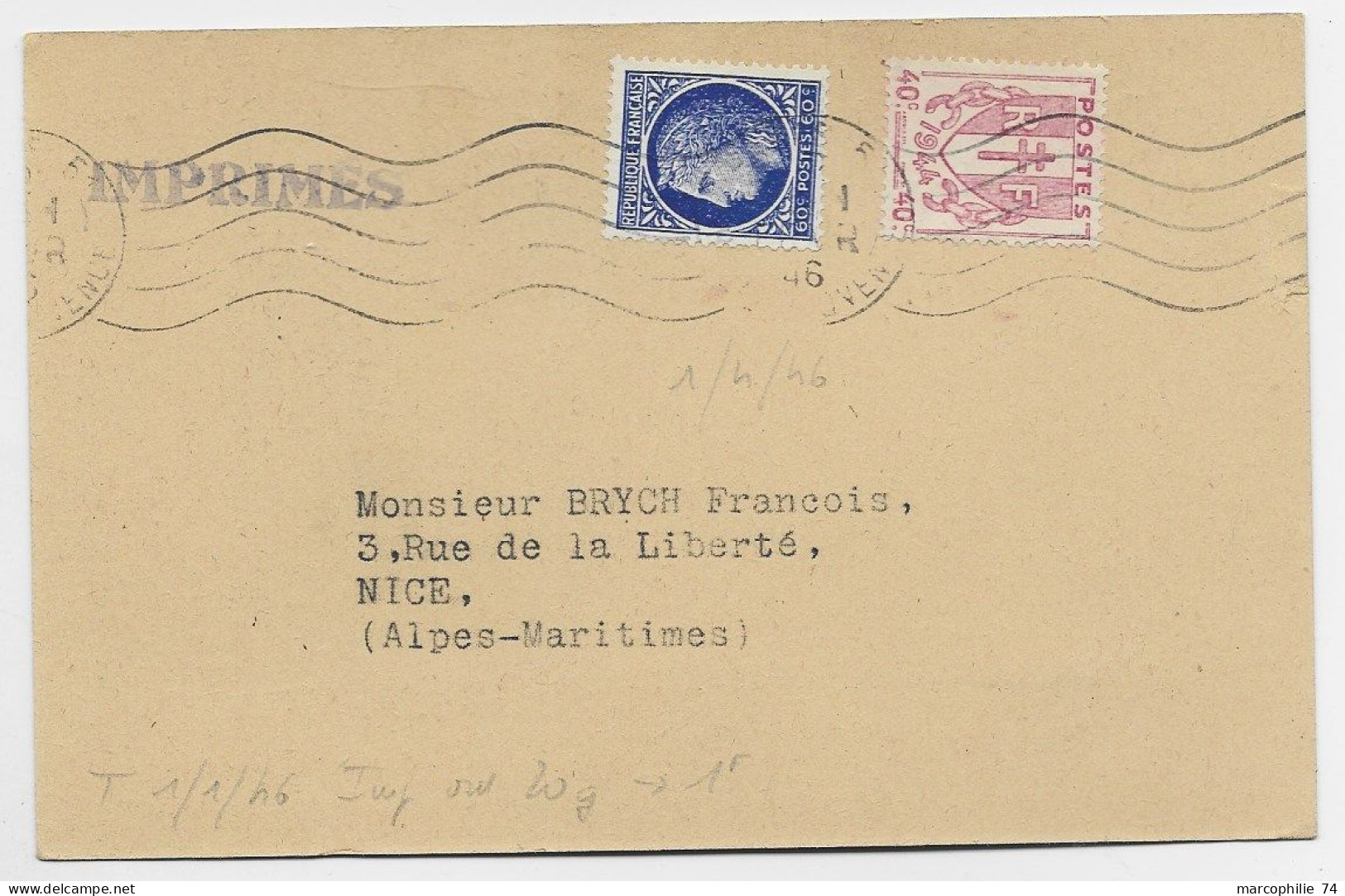 CHAINE 40C +60C MAZELIN CARTE MEC PARIS 1946 AU TARIF IMPRIME - 1941-66 Armoiries Et Blasons