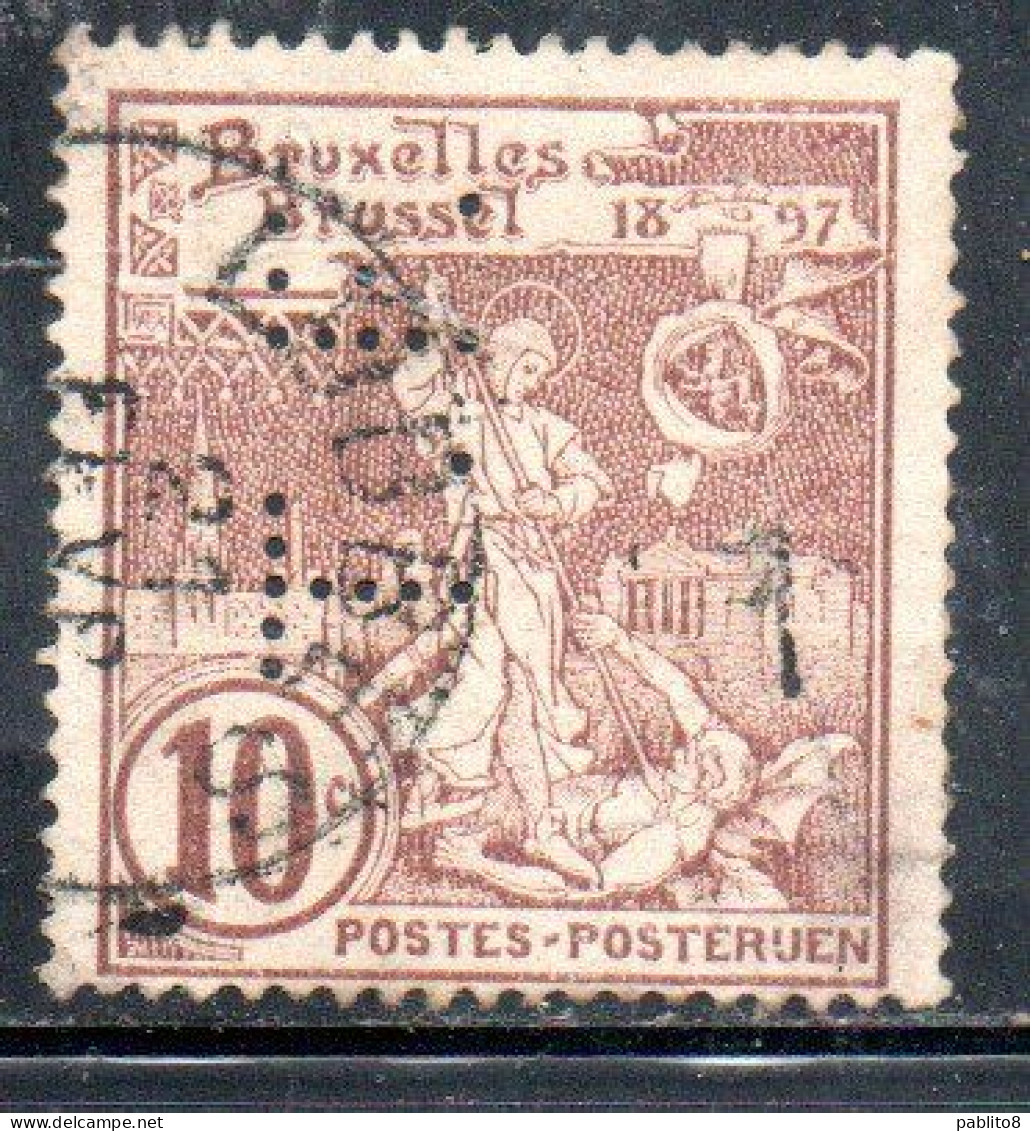 BELGIQUE BELGIE BELGIO BELGIUM 1896 1897 PERFIN BRUSSELS EXHIBITION ISSUE ST. MICHAEL AND SATAN 10c USED OBLITERE' USATO - 1894-1896 Exhibitions