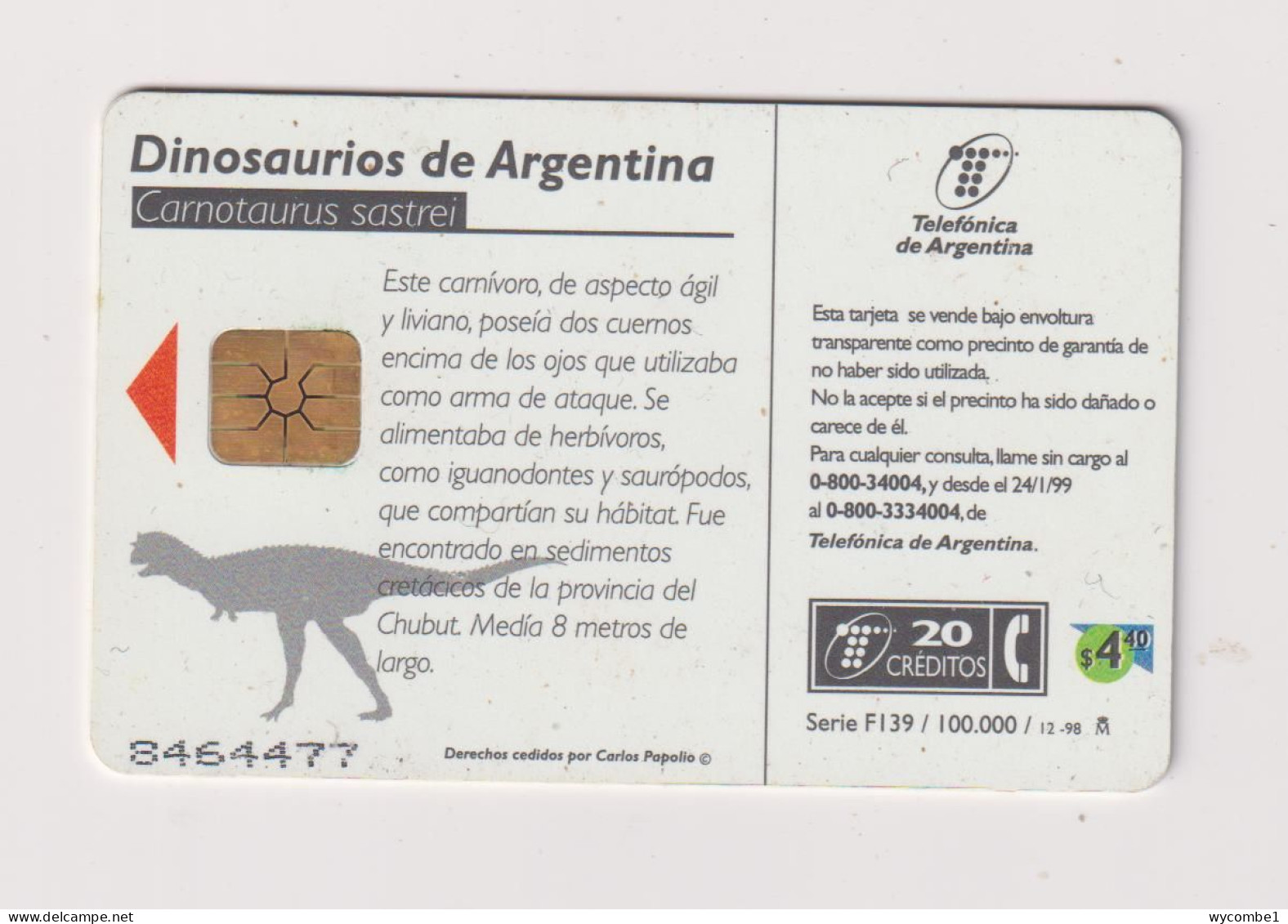 ARGENTINA - Carnotaurus Chip Phonecard - Argentinien