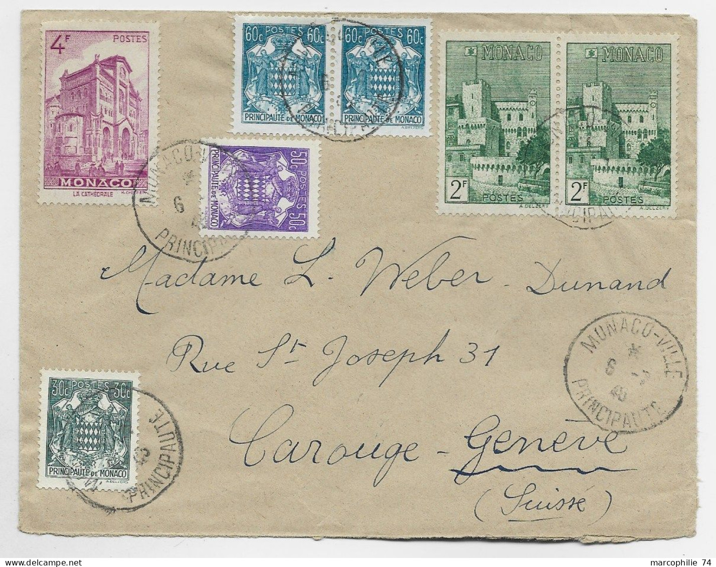 MONACO 2FRX2+4FR+ BLASON 30C+50C+60CX2 LETTRE COVER MONACO VILLE 5.7.1946 POUR SUISSE AU TARIF - Brieven En Documenten