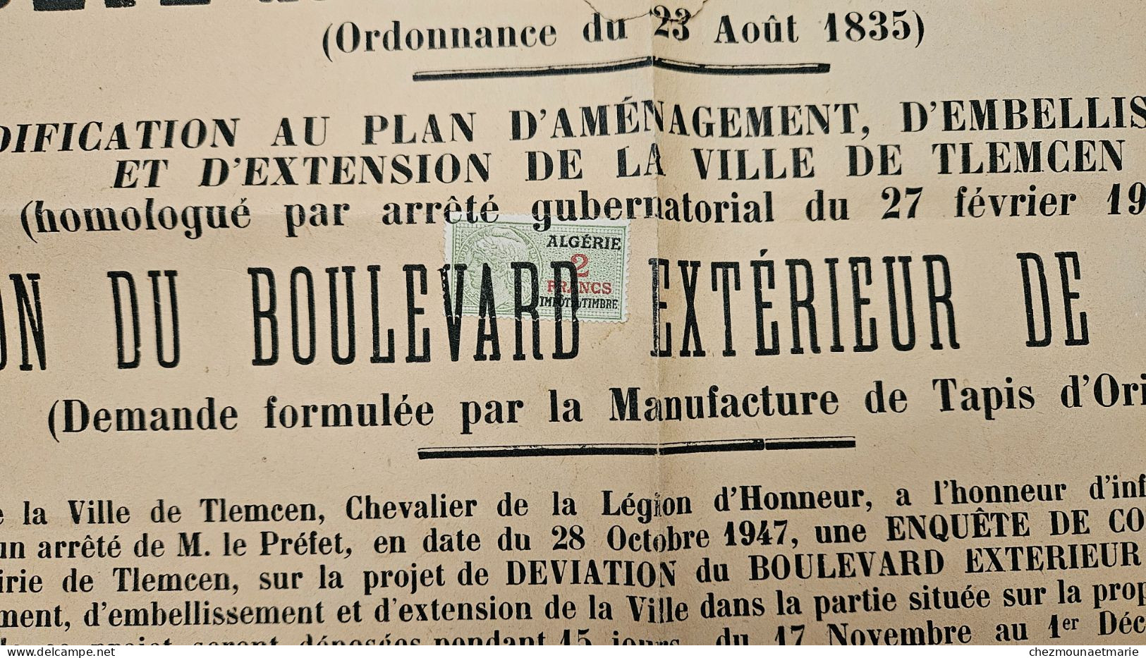 1947 Commune De TLEMCEN -  Commodo Et Incommodo - Déviation Demandée Par Manufacture Tapis D'Orient - TIMBRE ALGERIE 2F - Plakate