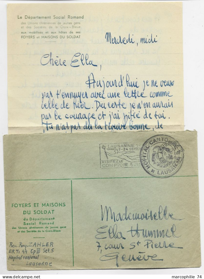 LETTRE COVER ENTETE FOYERS SOLDAT DEPARTEMENT ROMAND SUISSE HELVETIA MEC LAUSANNE 1944 + HOPITAL CANTONAL POUR GENEVE - Sellados
