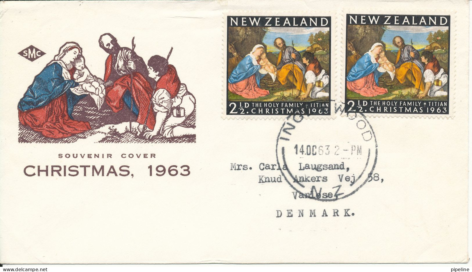 New Zealand FDC 14-10-1963 Christmas Stamp With Cachet Sent To Denmark - FDC