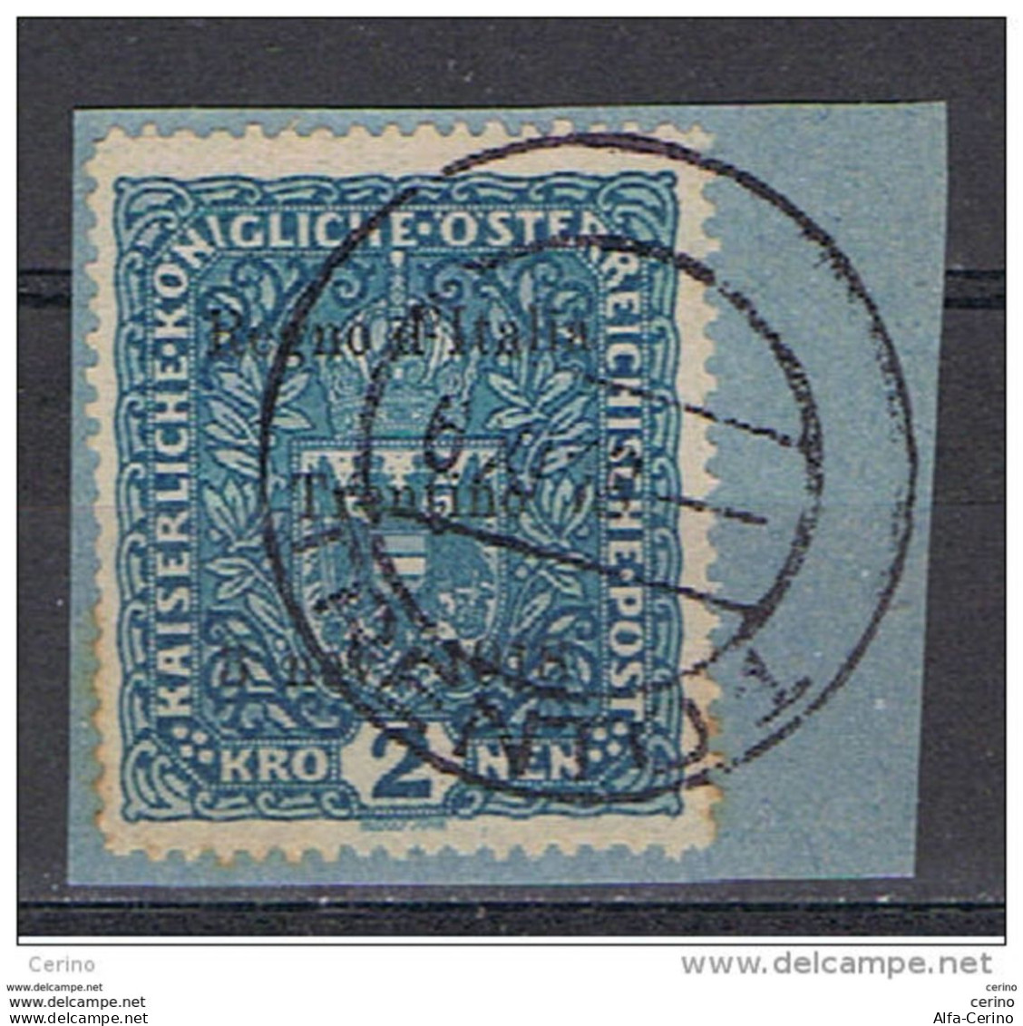 OCC. AUSTRIACA:  1918  SOPRASTAMPATO  -  2 K. AZZURRO  SU  FRAMMENTO  -  SASS. 16 - Ocupación Austriaca