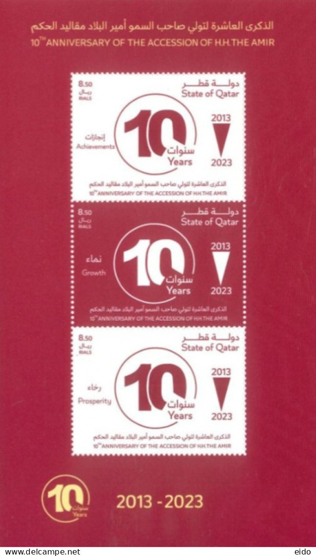 QATAR - 2023 - MINIATURE STAMPS SHEET OF 10th ANNIV OF THE ACCESSION OF H.H. THE AMIR, UMM(**). - Qatar