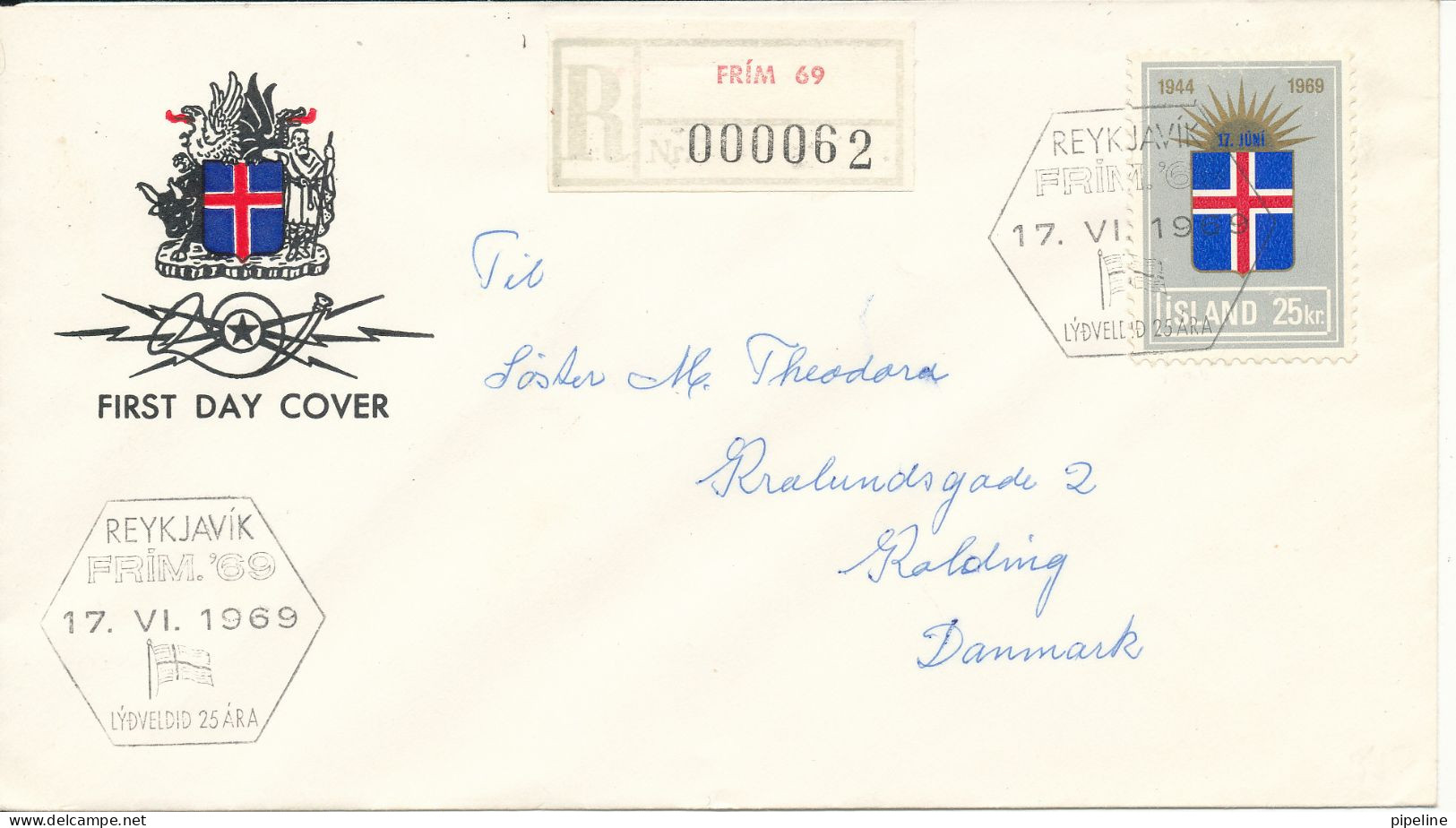 Iceland Registered FDC High Valued Stamps 17-6-1969 Sent To Denmark - FDC