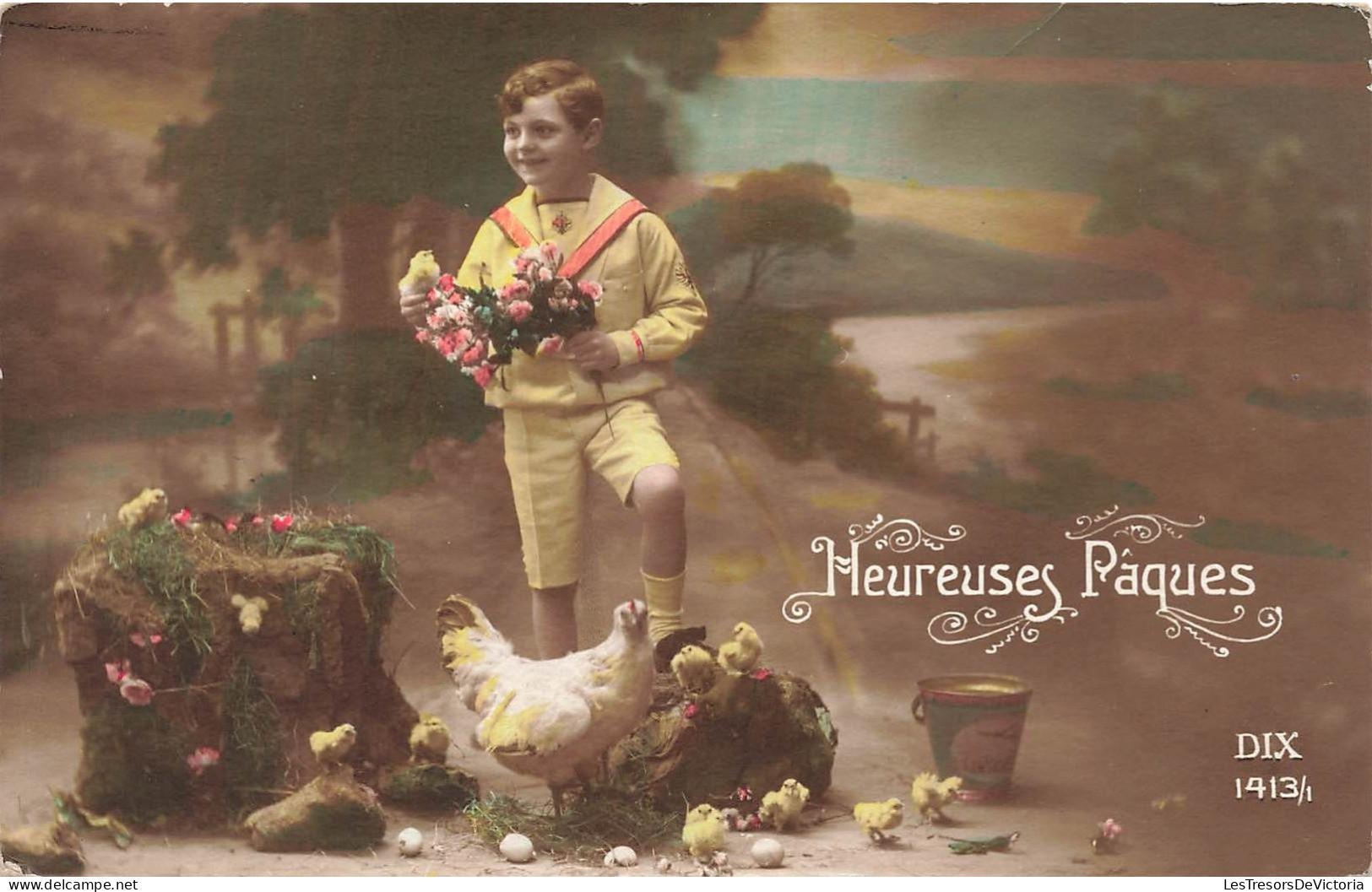 FÊTES ET VOEUX - Heureuses Pâques - Petit Garçon Avec Une Poule Et Ses Poussins - Carte Postale Ancienne - Easter