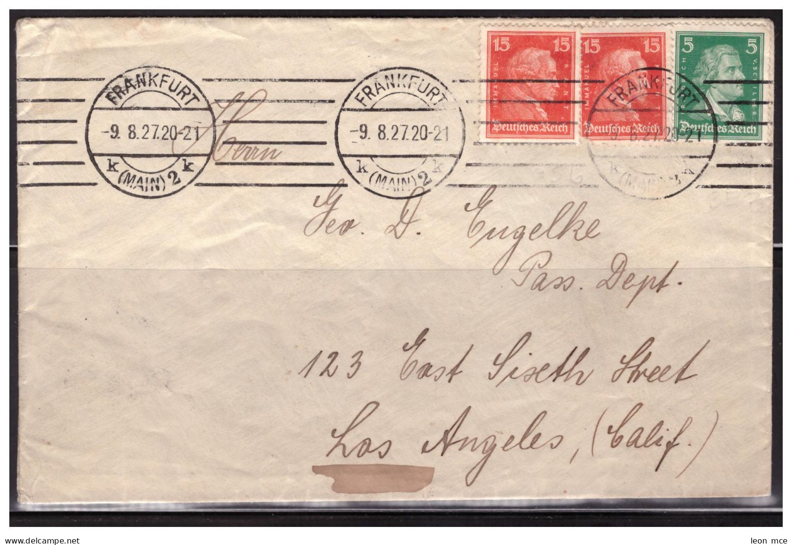 1927 GERMANY LETTER SENT FROM FRANKFURT To LOS ANGELES UNITED STATES - Other & Unclassified