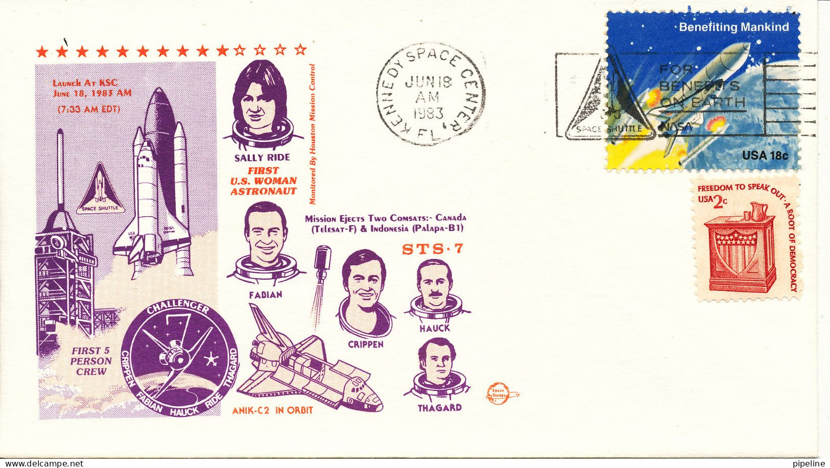 USA Special Space Cover STS - 7 Sally Ride First U.S. Woman Astronaut Kennedy Space Center 18-6-1983 With Nice Cachet - Estados Unidos