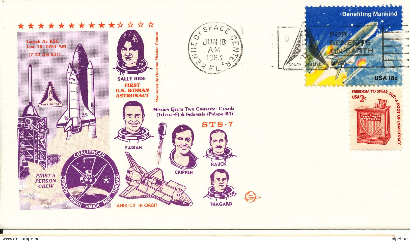 USA Special Space Cover STS - 7 Sally Ride First U.S. Woman Astronaut Kennedy Space Center 18-6-1983 With Nice Cachet - Etats-Unis