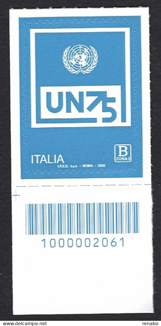 Italia 2020; ONU - 75° Organizzazione Nazioni Unite : B Zona 3 Per Oceania; Francobollo A Barre Inferiori. - Bar Codes