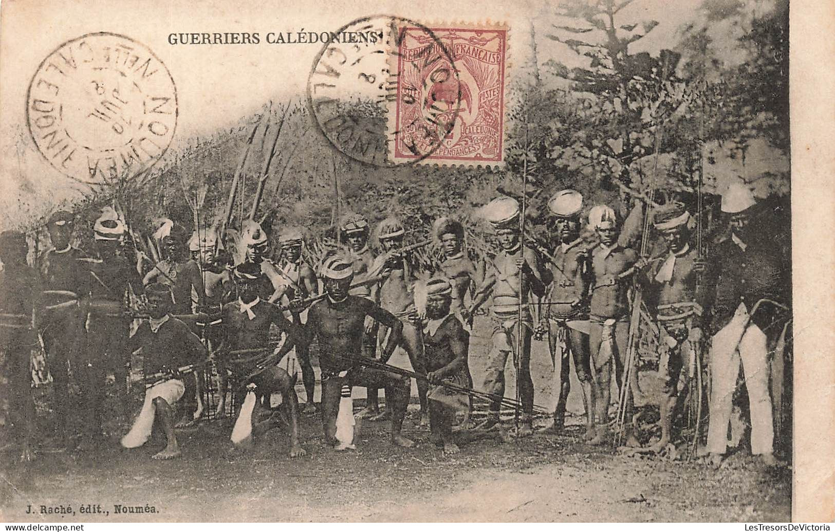 Nouvelle Calédonie -  Guerriers Calédoniens - Edit. Raché - Animé - Oblitéré Nouméa - Carte Postale Ancienne - Nouvelle-Calédonie