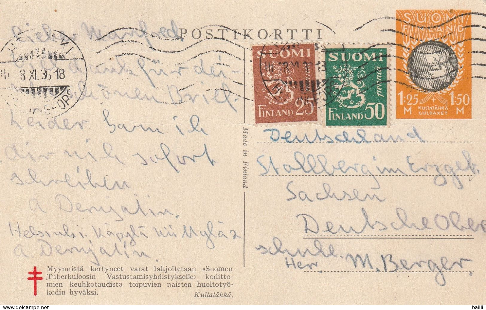 Finlande Entier Postal Illustré Pour L'Allemagne 1936 - Entiers Postaux