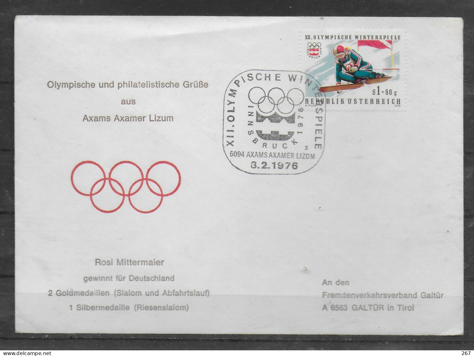 AUTRICHE     Lettre  Innsbruck  Jo 1976 Ski Mittermaier - Hiver 1976: Innsbruck