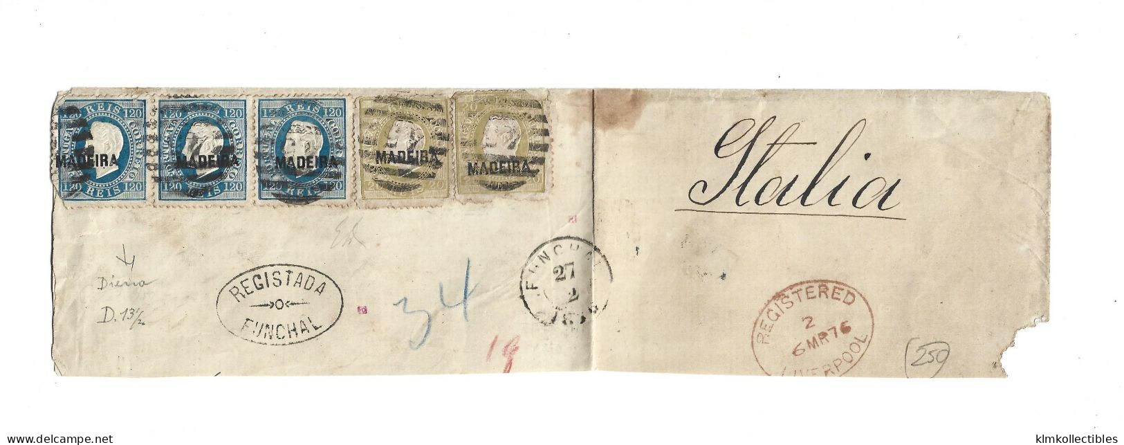 PORTUGAL 1876 - 120R STRIP OF 3 + 2 SINGLES 20 REIS MADEIRA OVPT ON REGISTERED COVER FUNCHAL TO ITALY - SIGNED DIENA - Cartas & Documentos