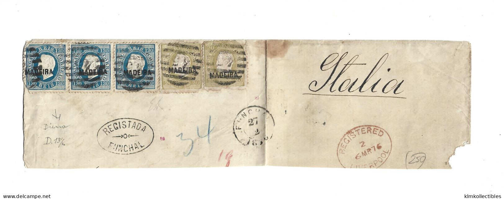 PORTUGAL 1876 - 120R STRIP OF 3 + 2 SINGLES 20 REIS MADEIRA OVPT ON REGISTERED COVER FUNCHAL TO ITALY - SIGNED DIENA - Storia Postale