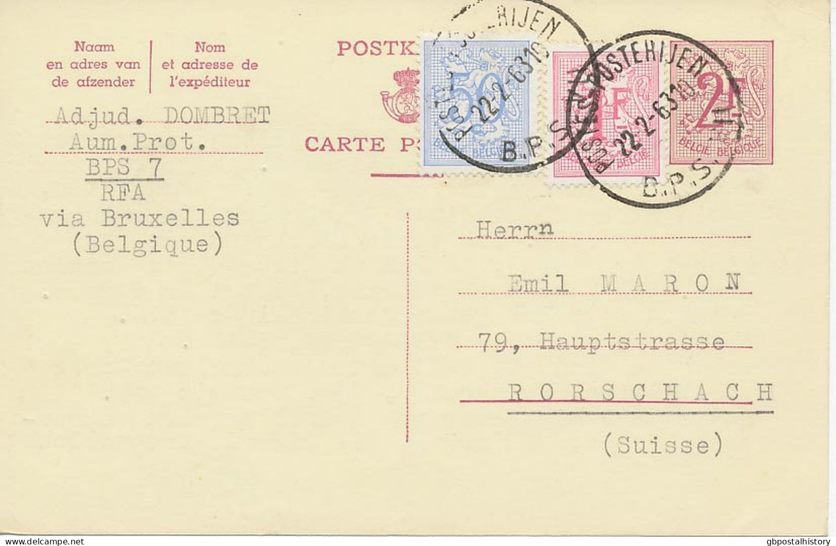 BELGIEN 1959 K1 "POSTES - POSTERIJEN / B.P.S.VII" Auf 2Fr. GA-Postkarte Mit Zusatzfrankatur 50C. Und 1Fr. Seltene Belgis - Cartas & Documentos