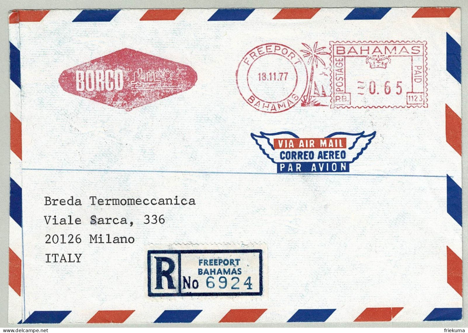 Bahamas 1977, Brief Luftpost Einschreiben Freistempel / EMA / Meterstamp Borco Freeport - Milano (Italien), Oil Terminal - Bahamas (1973-...)