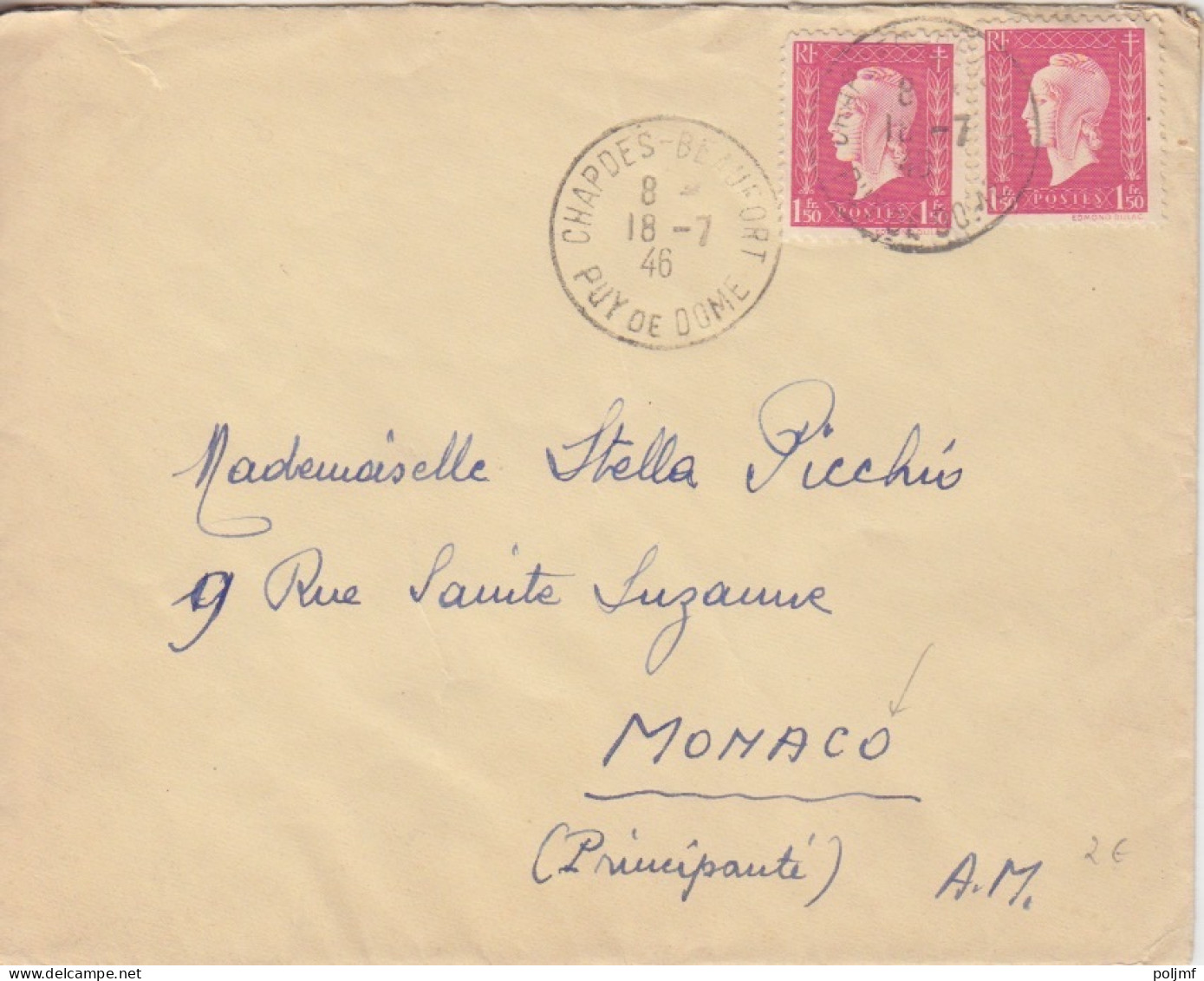 Lettre Obl. Chapdes Beaufort Le 18/7/46 Sur 1f50 X 2 Dulac N° 691 (tarif Du 1/1/46) Pour Monaco - 1944-45 Marianne Of Dulac