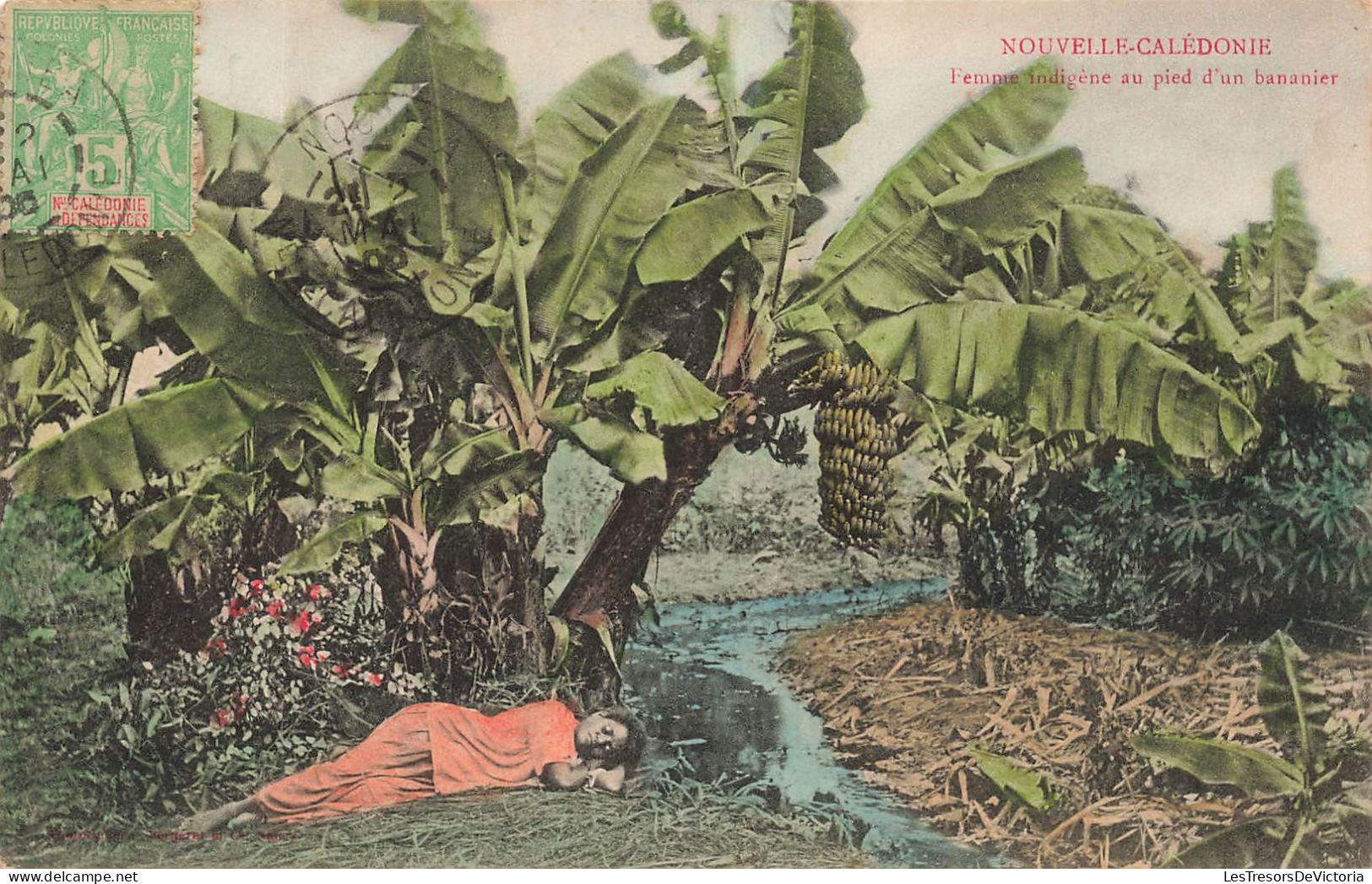 Nouvelle Calédonie - Femme Indigène Au Pied D'un Bananier - Colorisé - Animé - Rivière - Carte Postale Ancienne - New Caledonia