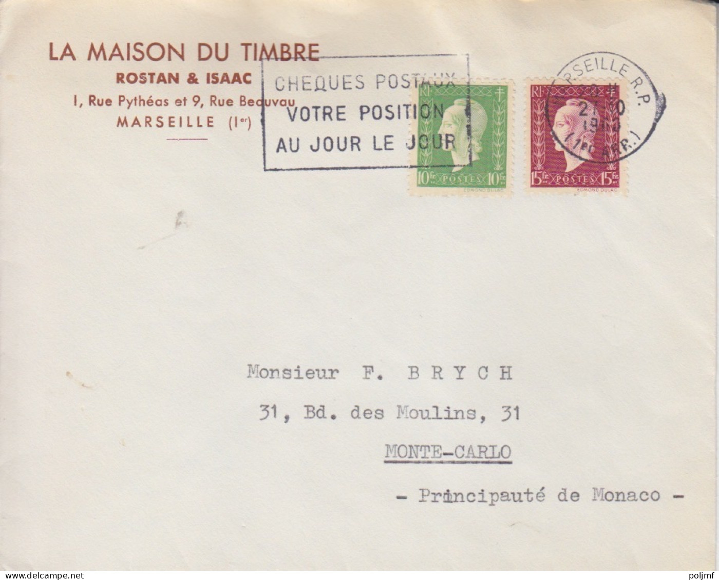 Lettre Obl. Secap Marseille RP Le 27/10/60 Sur 10f Et 15f Dulac N° 698, 699 (tarif Du 1/1/60) Pour Monaco - 1944-45 Marianne Of Dulac