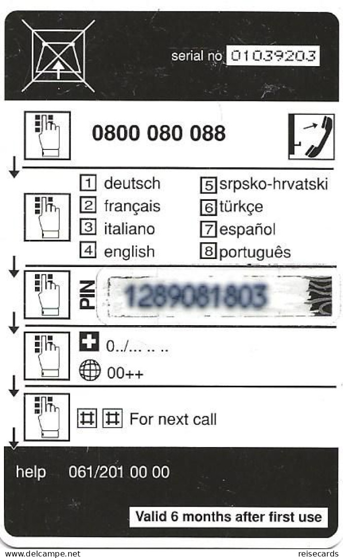 Switzerland: Prepaid Aria - Biene (help 061/201 00 00, Small Pin) - Switzerland