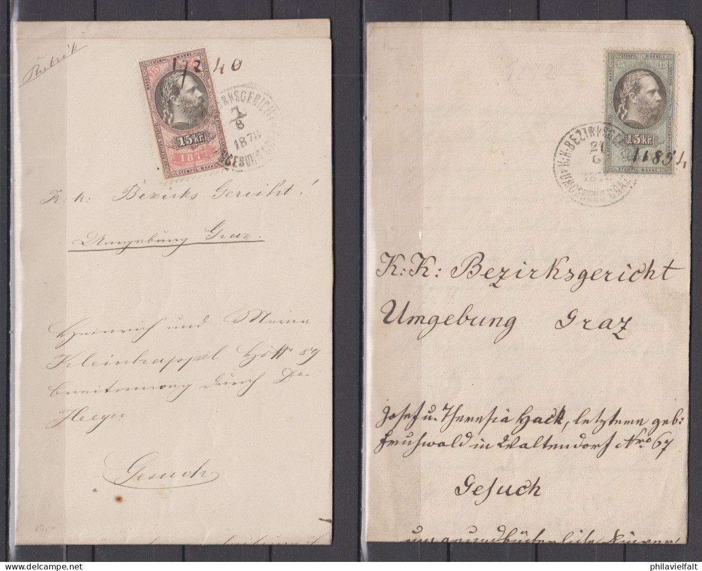 Österreich 1876 Bis 1878 Gerichsschreiben Mit Steuermarken Zu 15 Kr. (2x Umgebung Graz, 1x Hartberg) - Revenue Stamps