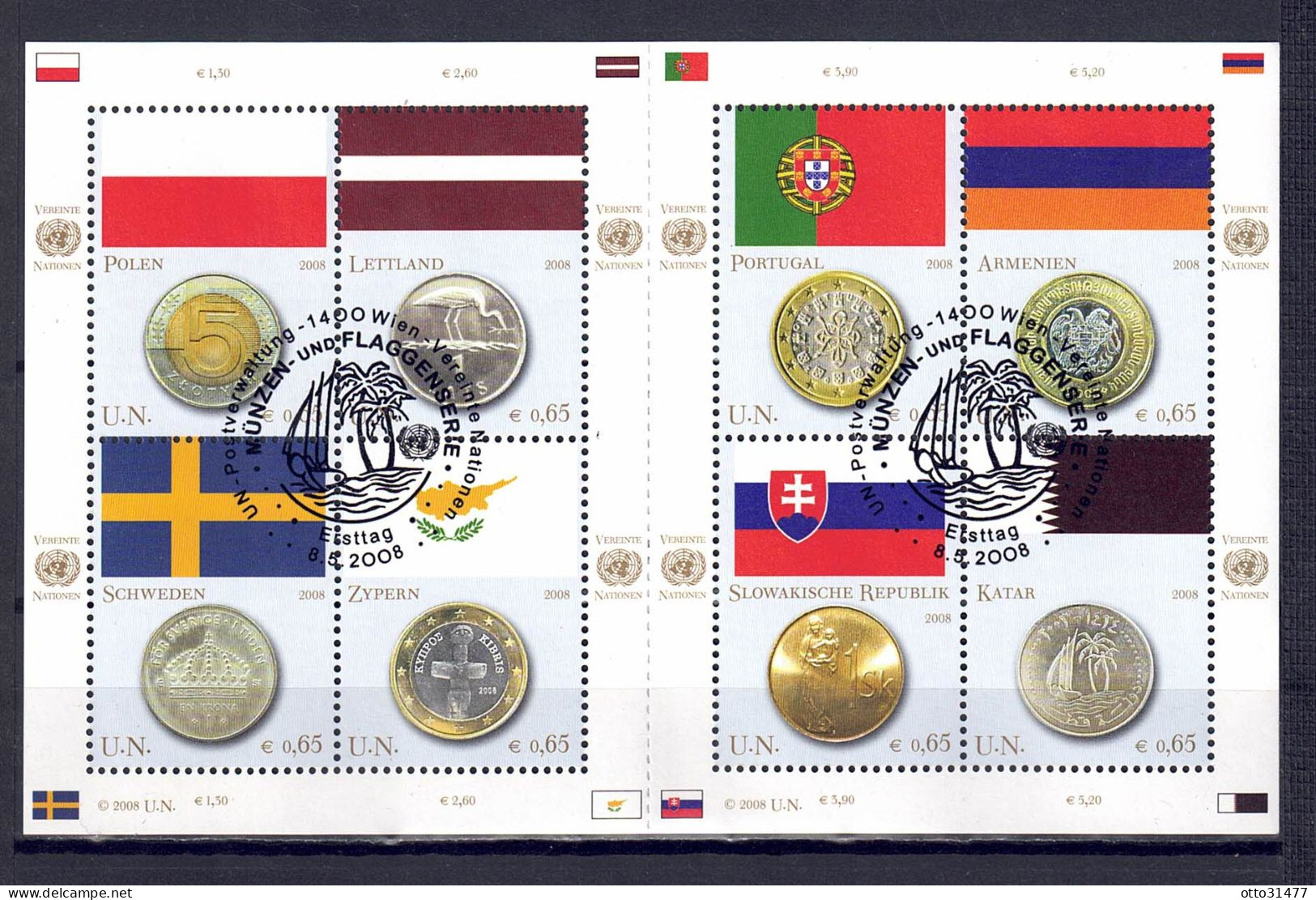 UNO Wien 2008 - Flaggen Und Münzen, Nr. 530 - 537 Im Klb., Gestempelt / Used - Used Stamps