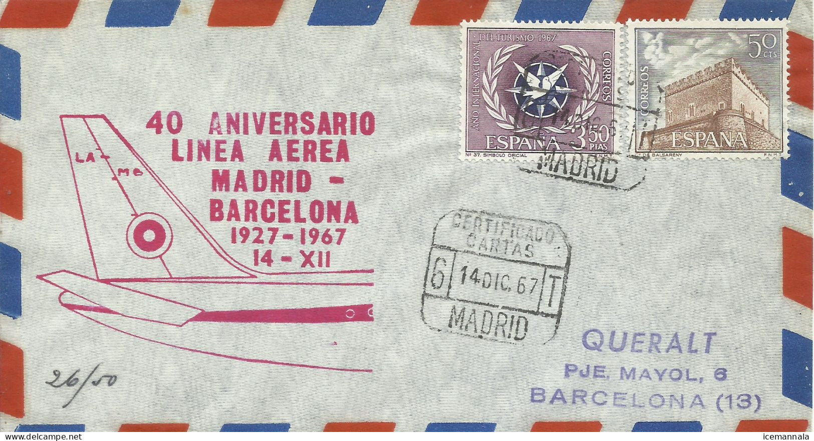 ESPAÑA,  CARTA AEREA  CONMEMORATIVA,  AÑO  1967 - Cartas & Documentos