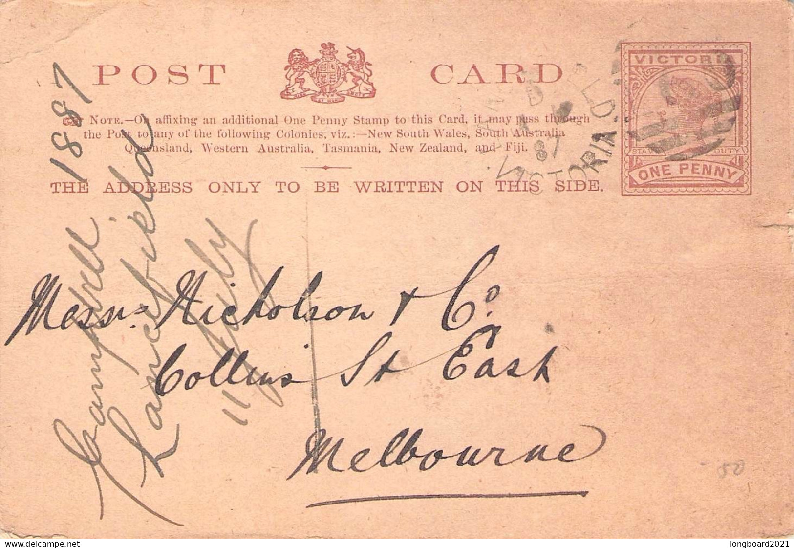 VICTORIA -  POSTCARD ONE PENNY 1887 - MELBOURNE / 5190 - Lettres & Documents